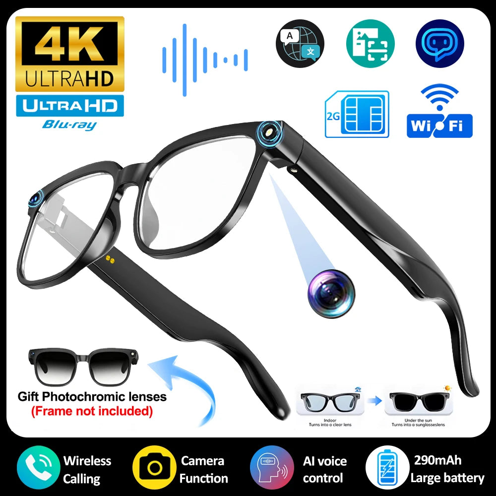 Smart AI translation smart glasses with transparent lenses, 4K camera, Bluetooth, music, call features, and intelligent recording.