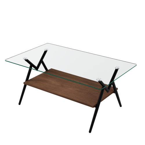 Rectangular coffee table with wooden finish and modern design, featuring sturdy legs and a spacious tabletop.