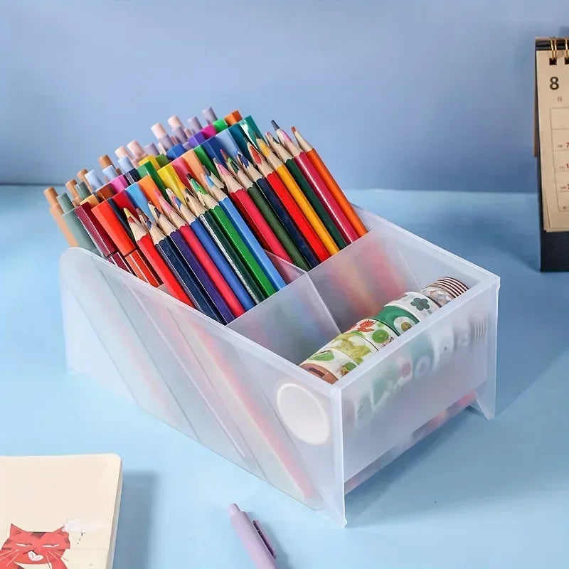 Transparent pencil holder and desk organizer for pens and pencils, multi-functional stationery tray for office and school supplies.