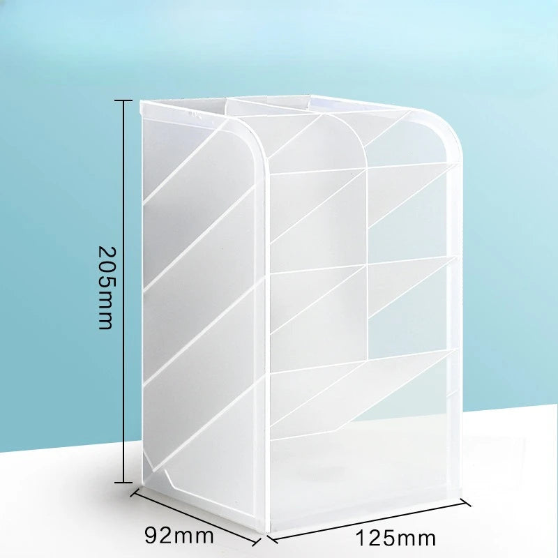 Clear plastic pencil holder and desk organizer tray for pens, pencils, and office supplies, ideal for school or office use.