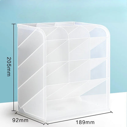 Transparent pencil holder and desk organizer from BackupMyFilesNow.com, with compartments for pens, pencils, and office supplies.