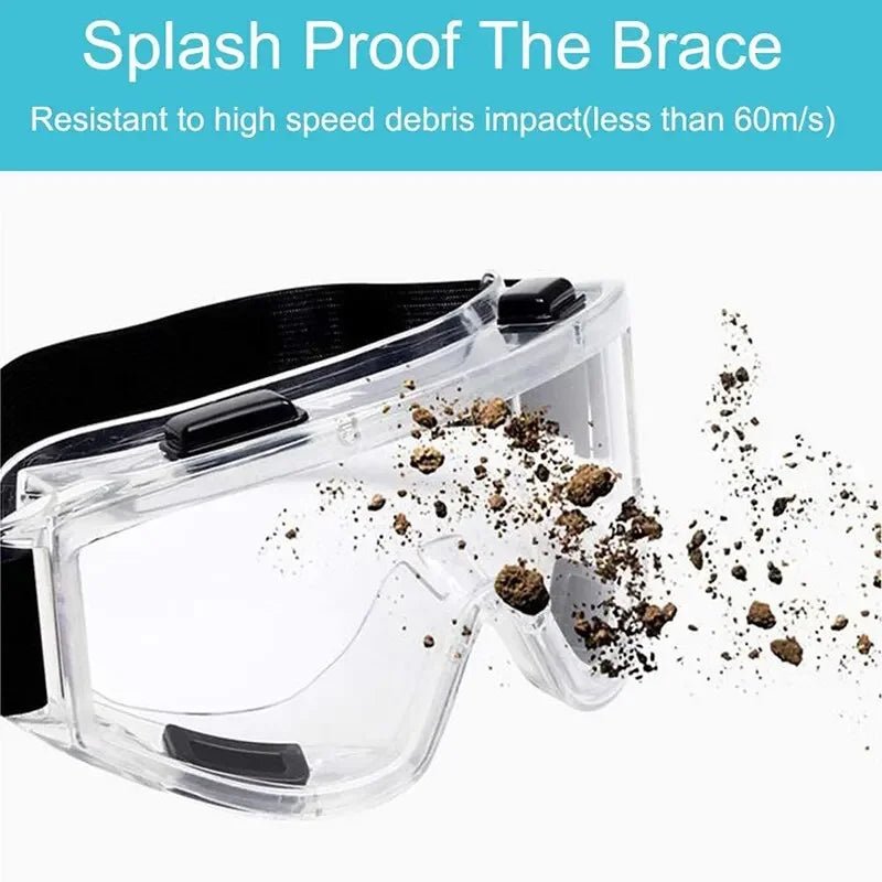 Clear safety goggles with anti-splash dust-proof lenses, designed for industrial lab work and research eye protection.