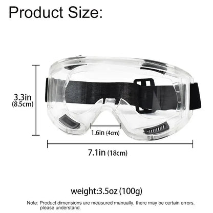 Clear safety goggles with anti-splash dust-proof lenses, designed for industrial lab work and research eye protection.
