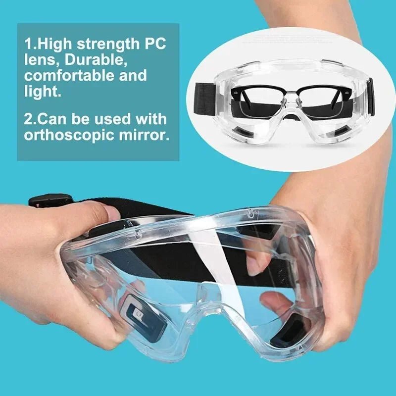 Clear safety goggles with anti-splash dust-proof lenses, designed for industrial lab work and research eye protection.