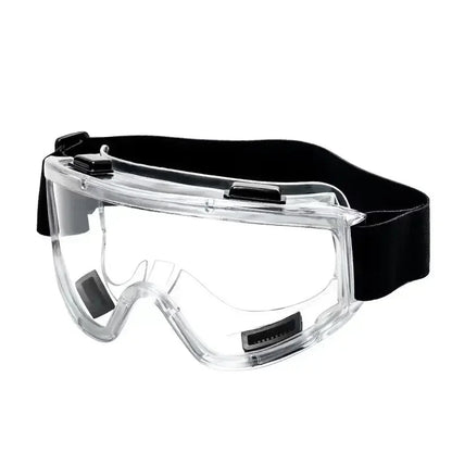 Clear safety goggles by BACKUPMYFILESNOW.COM® with anti-splash dust-proof lenses for industrial, lab, and research eye protection.