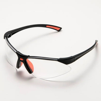 Transparent safety goggles for cycling and lab work, protective eyewear by BACKUPMYFILESNOW.COM® for security and eye protection.