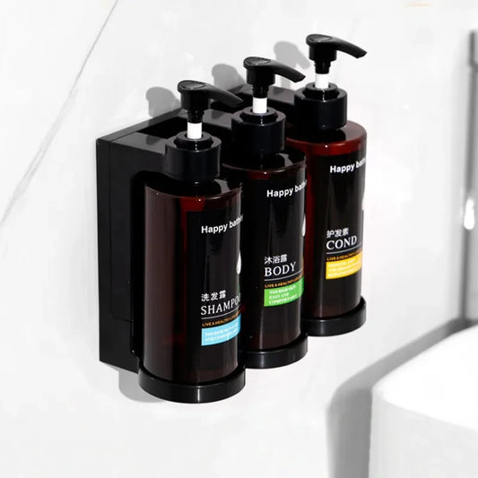 Wall-mounted hotel shampoo and shower gel bottles with manual soap dispensers and hand sanitizer boxes, no punching needed.