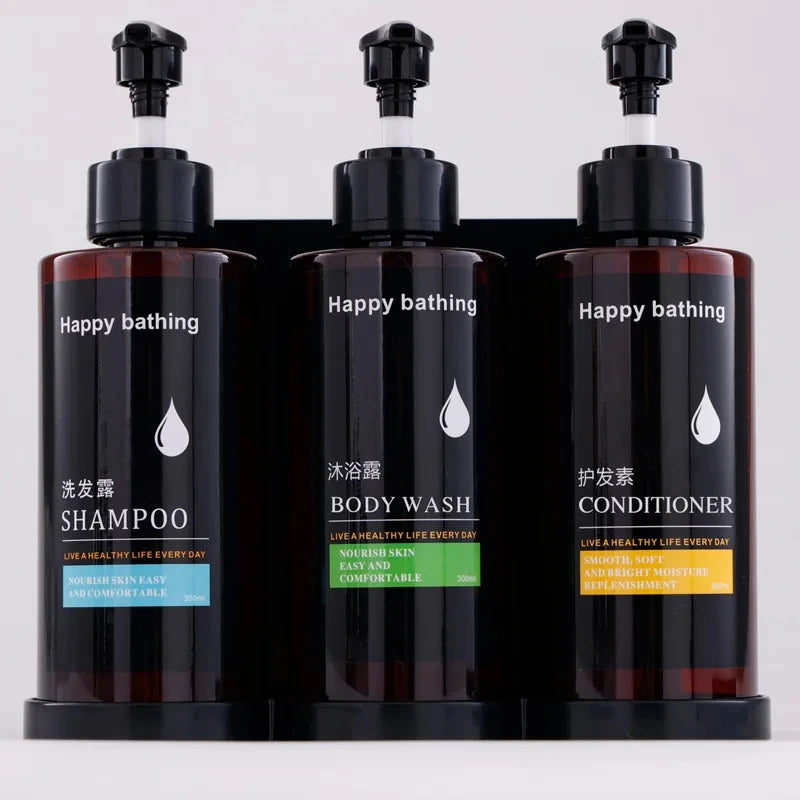 Wall-mounted hotel shampoo and shower gel bottles with hand sanitizer boxes and manual soap dispensers, no punching required.