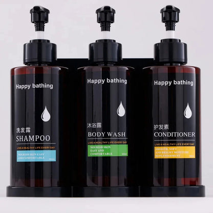 Wall-mounted hotel shampoo and shower gel bottles with hand sanitizer boxes and manual soap dispensers, no punching required.