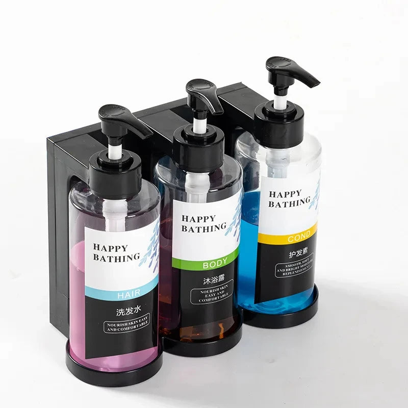 Wall-mounted hotel shampoo and shower gel bottles with hand sanitizer and soap dispensers, no punching required, from BackupMyFilesNow.com