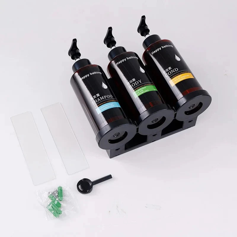 Wall-mounted hotel shampoo and shower gel bottles with hand sanitizer boxes and manual soap dispensers, no punching required.