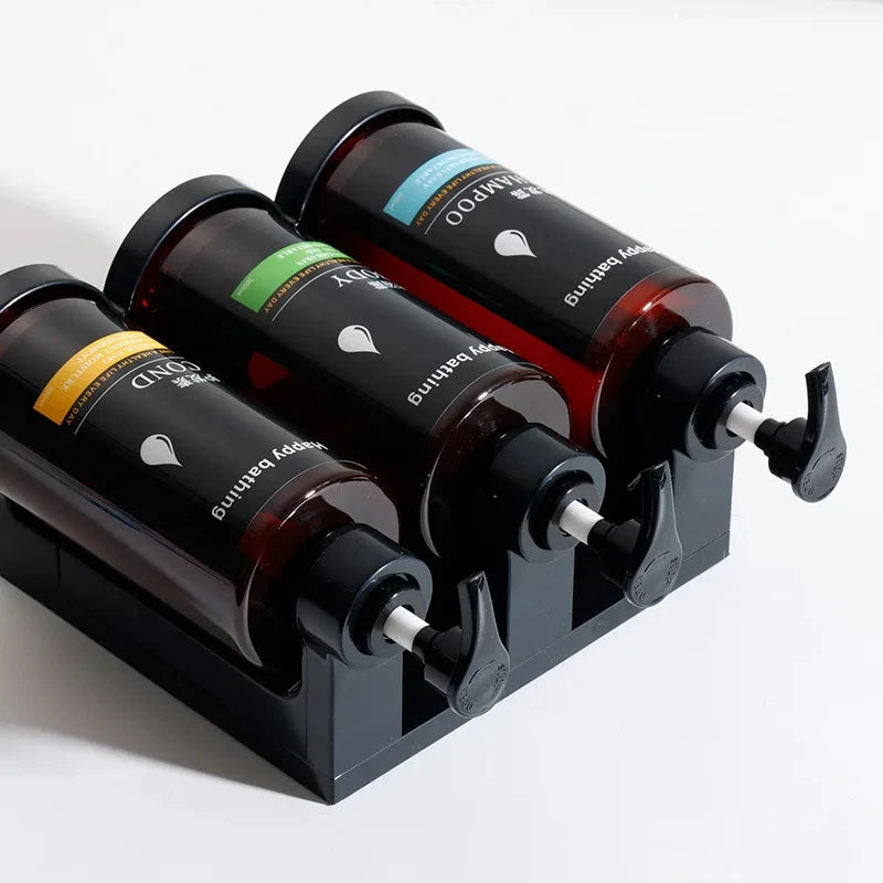 Wall-mounted hotel shampoo and shower gel bottles with manual soap dispensers and hand sanitizer boxes, no punching needed.