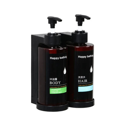 Wall-mounted hotel shampoo and shower gel bottles with hand sanitizer boxes and manual soap dispensers, no punching required.