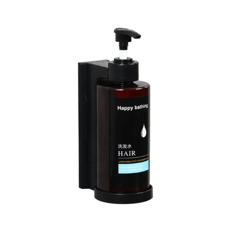 Wall-mounted hotel shampoo and shower gel bottles with hand sanitizer and soap dispensers, no punching required, by BackupMyFilesNow.com.