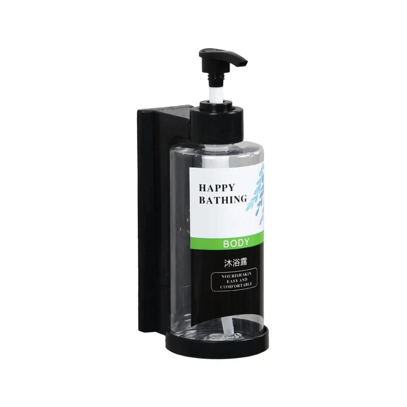 Wall-mounted hotel shampoo and shower gel bottles with manual soap dispensers and sanitizer boxes, no punching required.