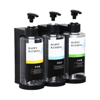 Wall-mounted hotel shampoo and shower gel bottles with hand sanitizer and soap dispensers, no punching required, sleek and functional.