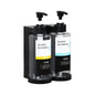 Wall-mounted hotel shampoo and shower gel bottles with manual soap dispensers and hand sanitizer boxes, no punching required.
