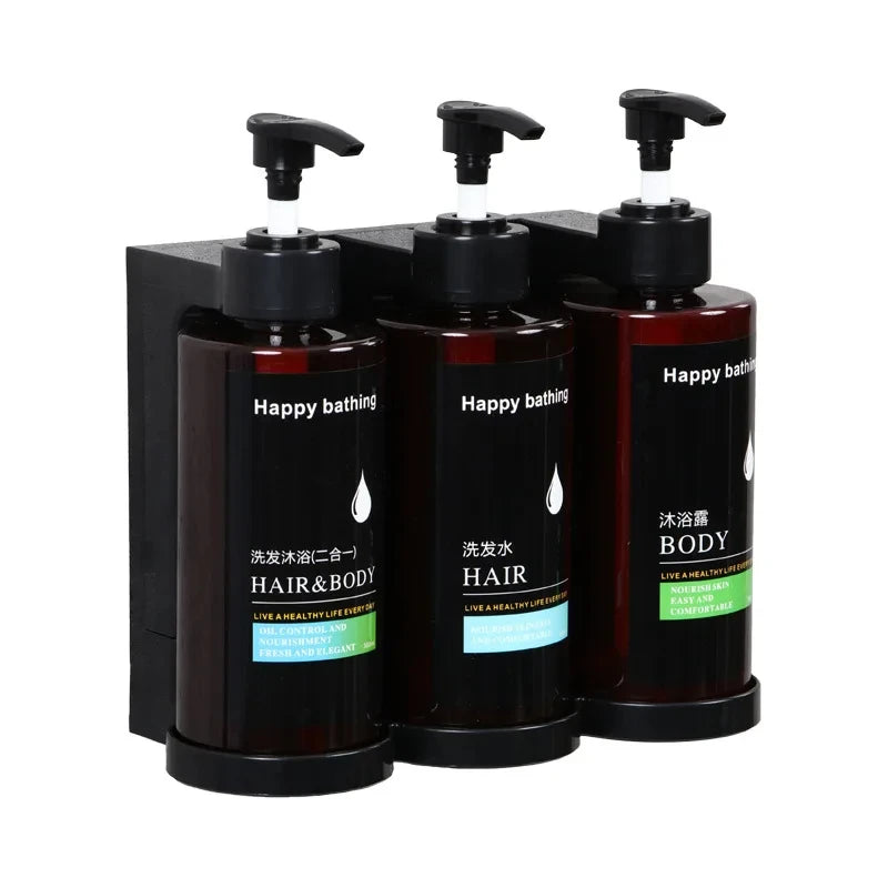 Wall-mounted hotel shampoo and shower gel bottles with hand sanitizer boxes and manual soap dispensers, no punching mounting.