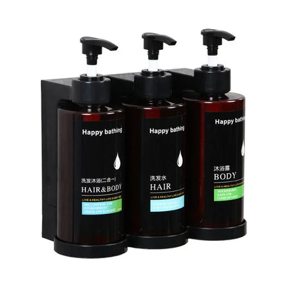 Wall-mounted hotel shampoo and shower gel bottles with hand sanitizer boxes and manual soap dispensers, no punching mounting.