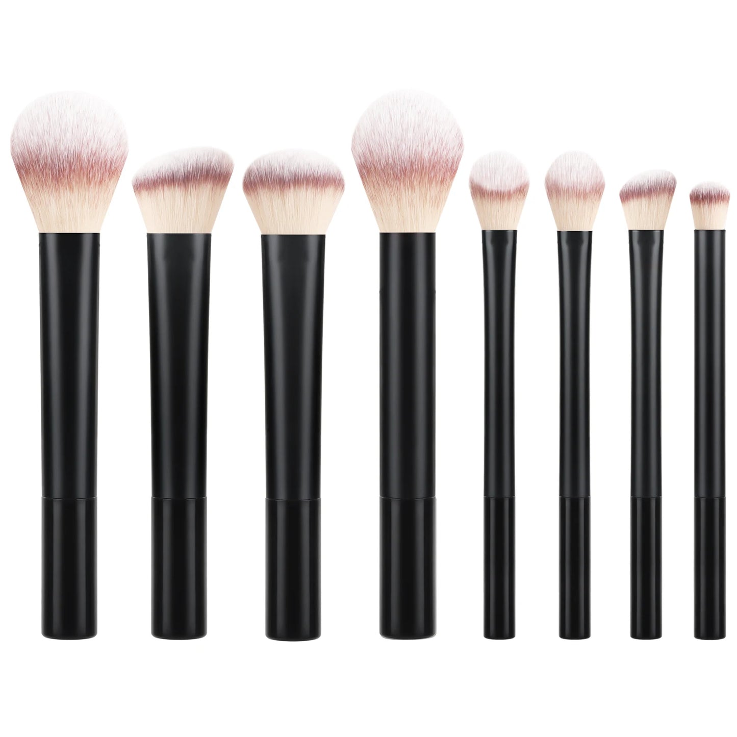 Black long tube face and eye brush set with 8 brushes, 2 beauty sponges, and 1 puff for powder, blush, and eyeshadow application.