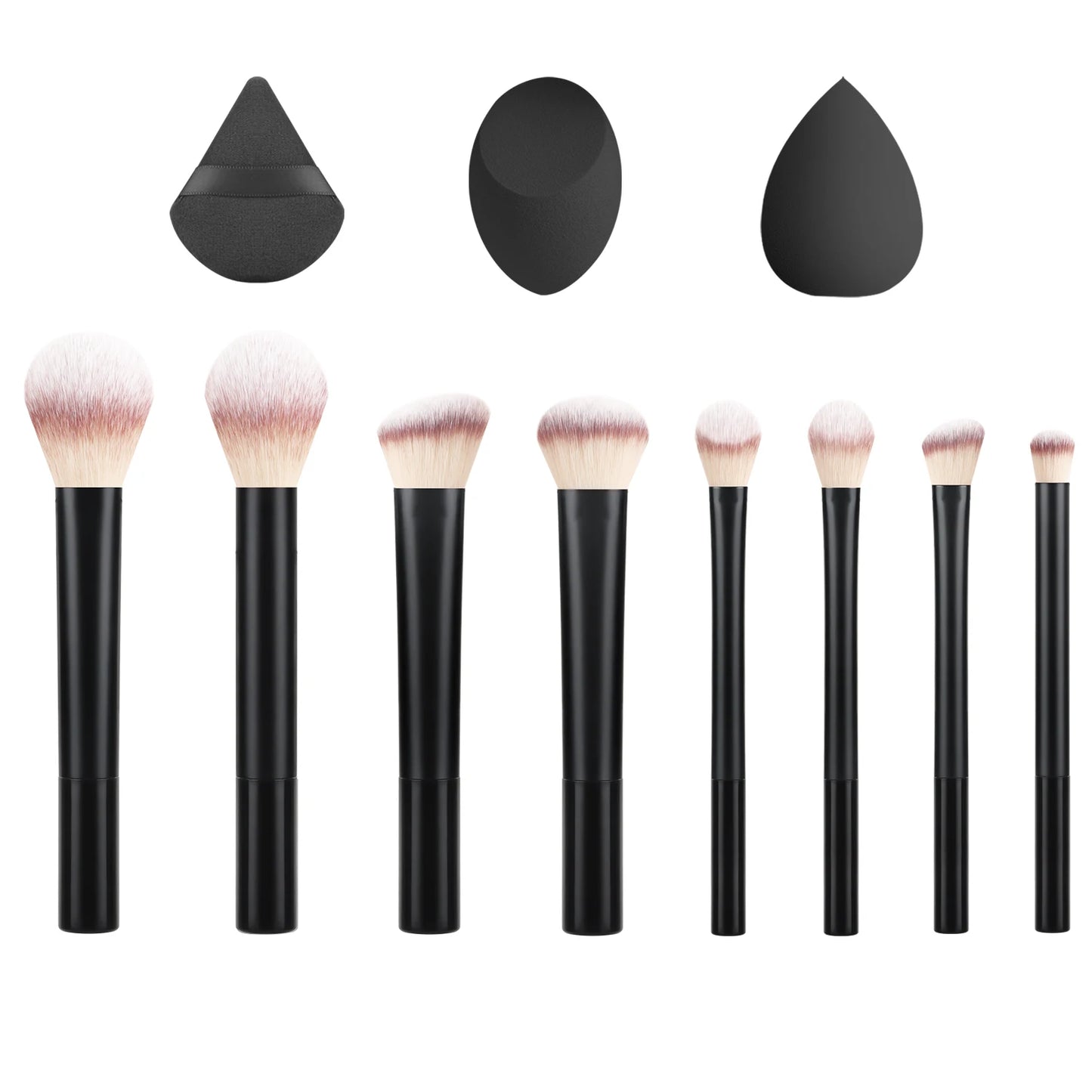 Black long tube face eye brush set with 8 brushes, 2 beauty sponges, and 1 puff for powder, blush, and eyeshadow application.