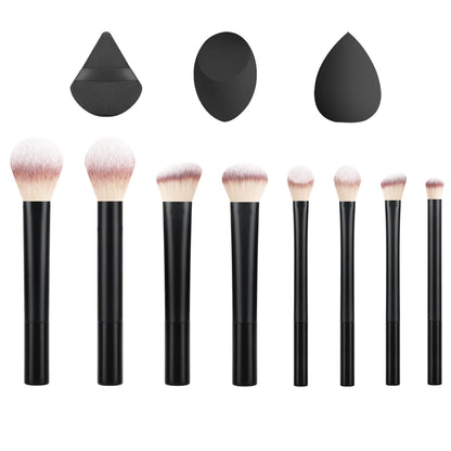 Black long tube face eye brush set with 8 brushes, 2 beauty sponges, and 1 puff for powder, blush, and eyeshadow application.