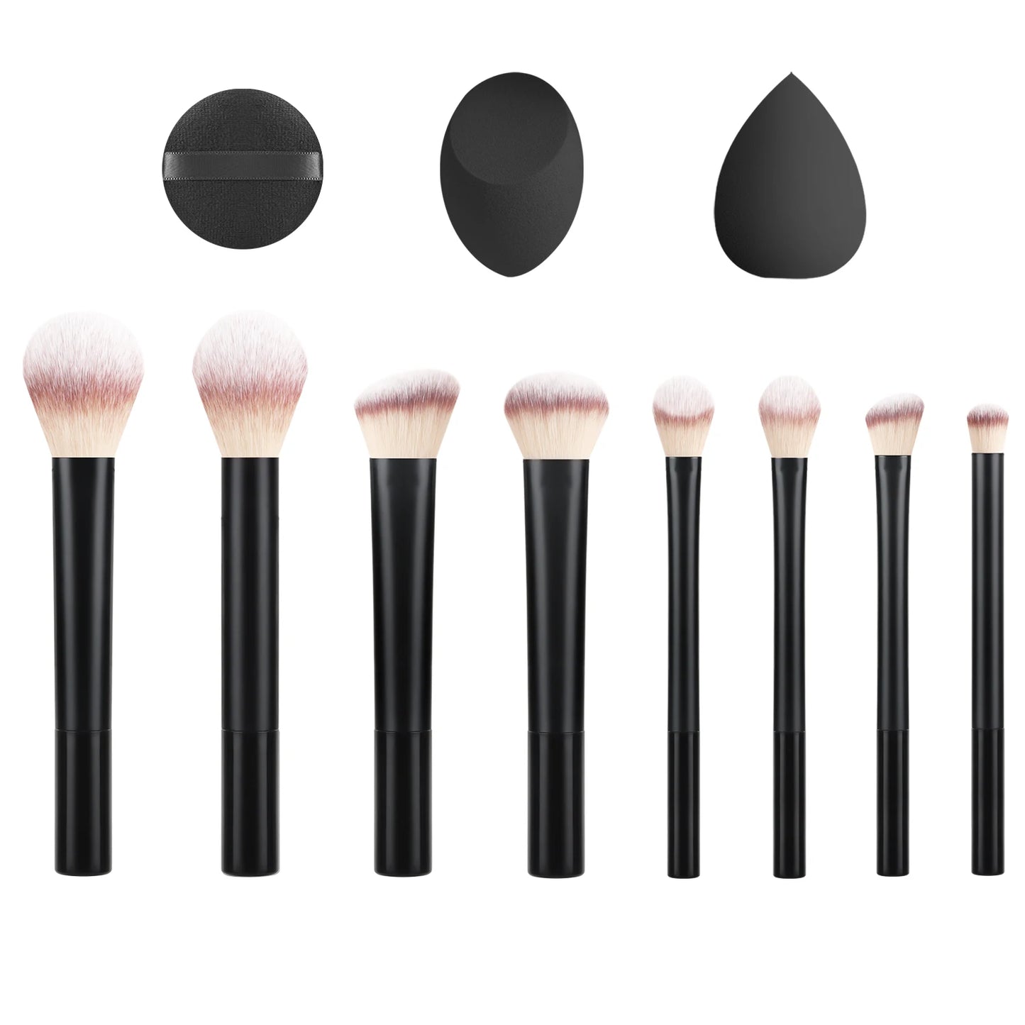 Black long tube face and eye brush set with 2 beauty sponges, powder, blush, and eyeshadow brushes for makeup application.