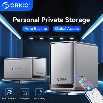 Orico TS200 USB 3.2 MetaCube NAS enclosure with 2.5 bay for HDD/SSD, supporting up to 100TB for personal cloud storage and backup.
