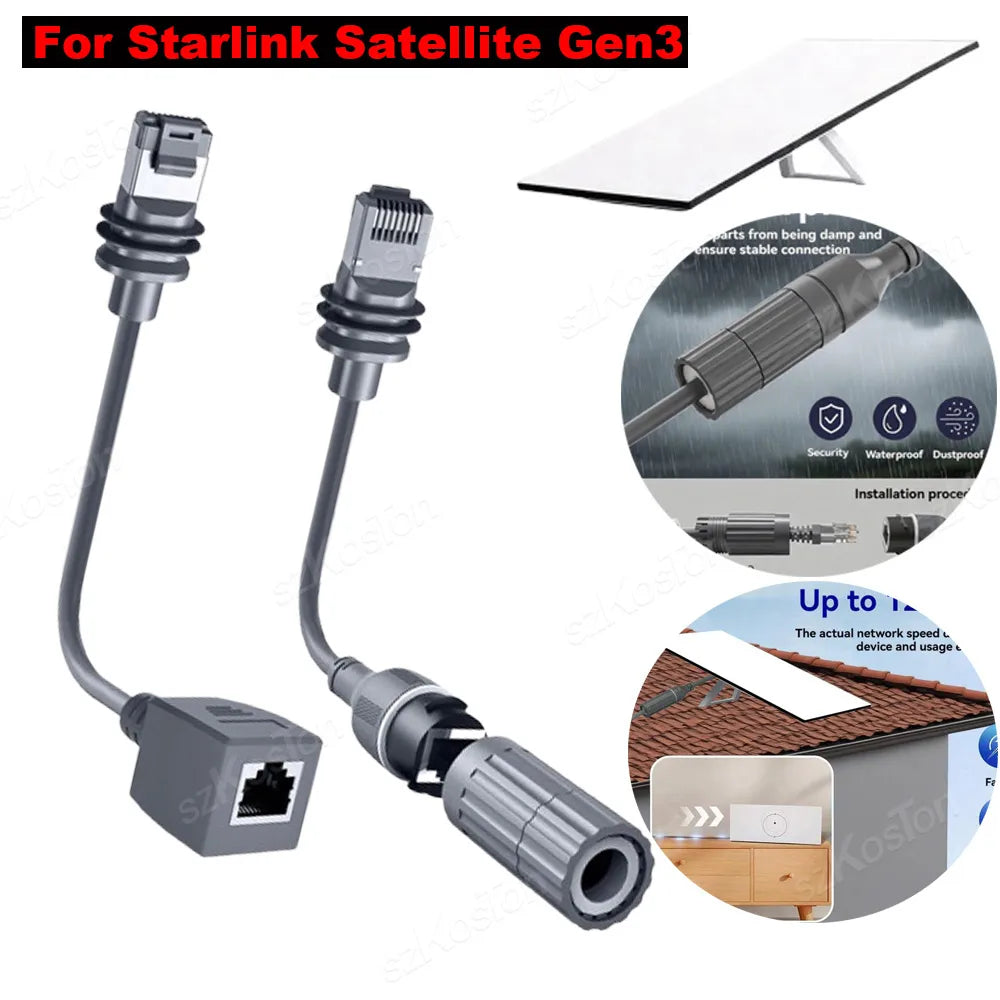 Starlink Gen3 Ethernet Extender Adapter SPX to RJ45 for StarLink V3 Dish Router, showing the black converter cable and connectors