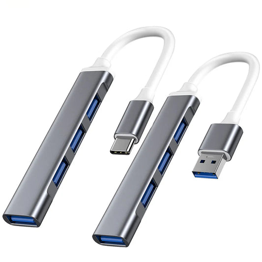 Silver USB C Hub 3.0 and 3.1 multi-port adapter for Xiaomi, Lenovo, MacBook Pro, Air, and PC computers with four ports.