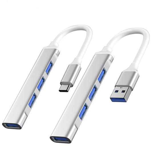 Silver USB C hub with four ports for Xiaomi, Lenovo, MacBook Pro, and PC, featuring Type C 3.0 and 3.1 compatibility.
