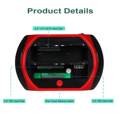 BackupMyFilesNow.com dual external hard drive docking station with USB 2.0, Type-C, IDE and SATA support, 2.5 and 3.5 inch drives.