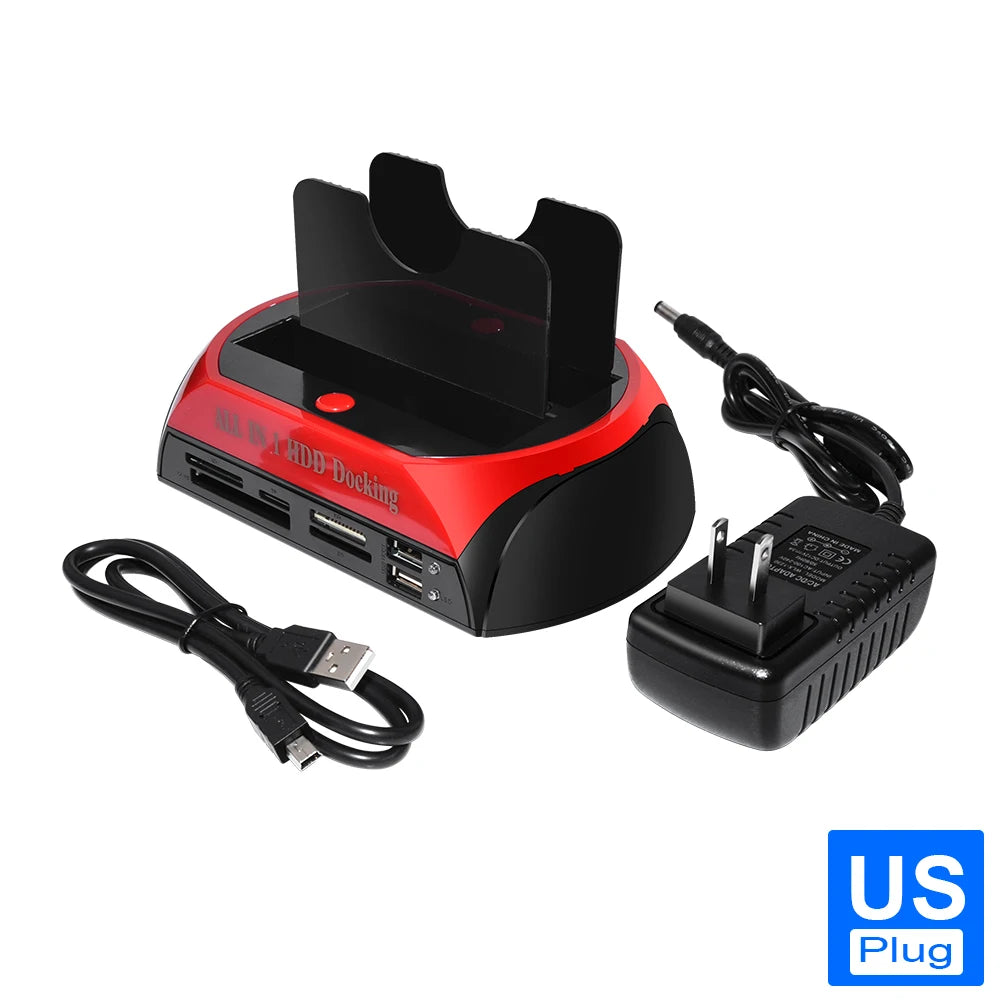 BackupMyFilesNow.com USB Type-C docking station with dual IDE and SATA external hard drive bays for 2.5 and 3.5-inch drives.