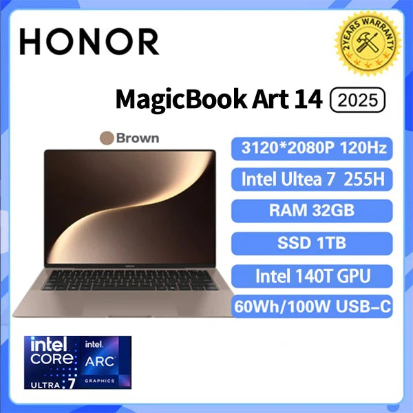 Honor MagicBook Art 14 2025 laptop with 14.6-inch OLED display, 32GB RAM, 1TB SSD, and sleek green design.