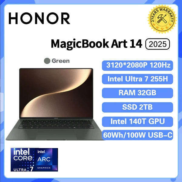 Honor MagicBook Art 14 2025 laptop with 14.6-inch 3.1K OLED screen, 32GB RAM, 1TB SSD, in green color, front view.