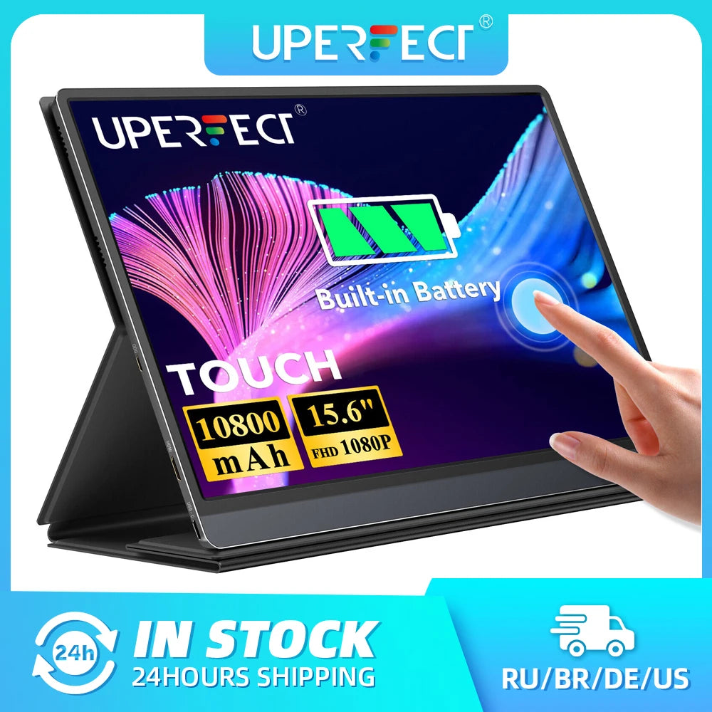 UPERFECT portable 15.6" touchscreen monitor with 120Hz refresh, IPS 1080P display, USB-C, HDMI, built-in battery, for gaming and work.