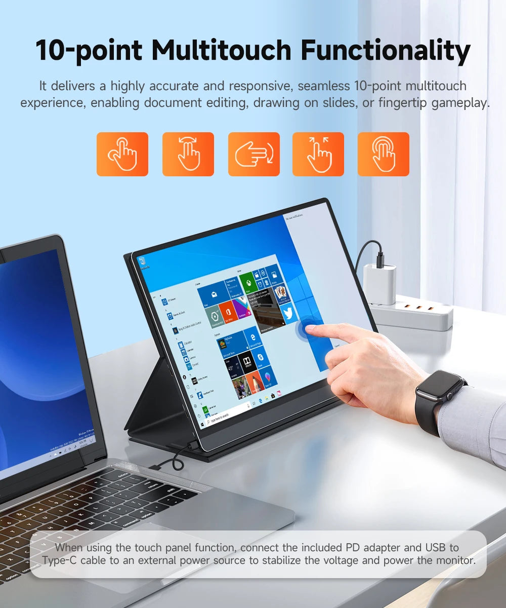 UPERFECT 15.6" portable monitor with touchscreen, IPS display, 1080p resolution, USB-C, HDMI, and built-in 10800mAh battery.