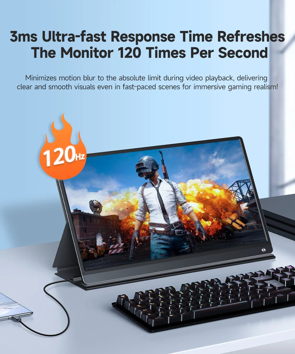 UPERFECT portable monitor with 15.6-inch 1080P IPS touchscreen, USB-C, HDMI, 120Hz refresh rate, built-in 10800mAh battery.