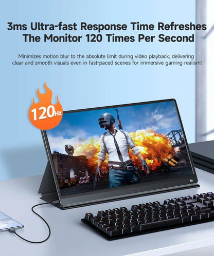 UPERFECT portable monitor with 15.6-inch 1080P IPS touchscreen, USB-C, HDMI, 120Hz refresh rate, built-in 10800mAh battery.