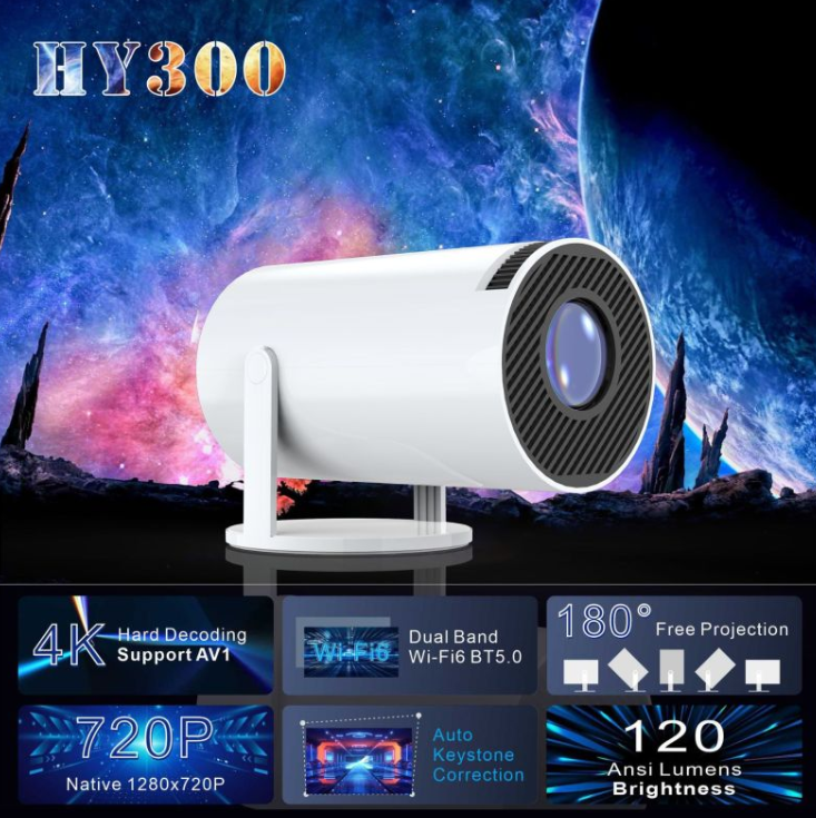 Portable small projector from BackupMyFilesNow.com showing a compact device with projection lens and control buttons.