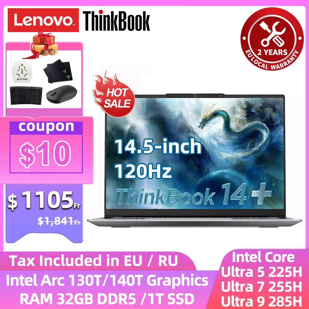 Lenovo ThinkBook 14+ Ultra 5 laptop with 32GB DDR5, 1TB SSD, 14.5-inch 120Hz screen, Intel Arc 130T graphics.