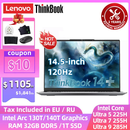 Lenovo ThinkBook 14+ Ultra 5 laptop with 32GB DDR5, 1TB SSD, 14.5-inch 120Hz screen, Intel Arc 130T graphics.
