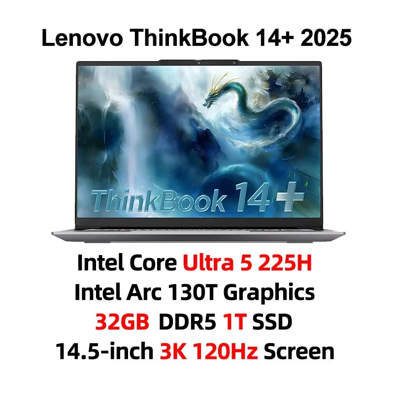 Lenovo ThinkBook 14+ Ultra 5 laptop with 32GB DDR5 RAM, 1TB SSD, 14.5-inch 120Hz display, featuring Intel Arc graphics.