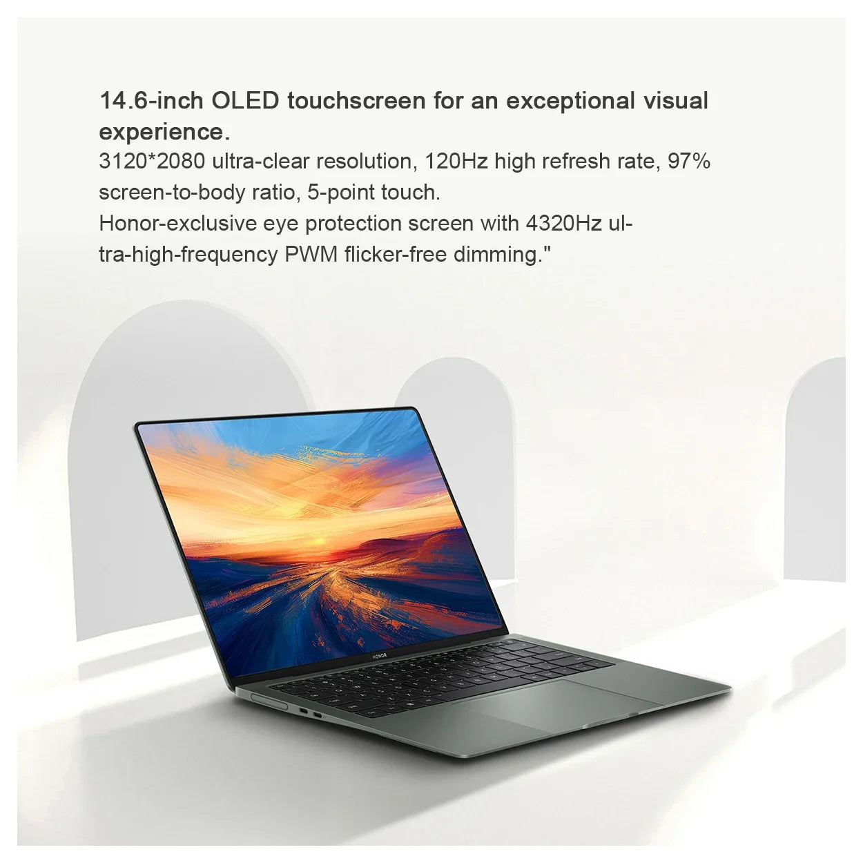 Honor MagicBook Art 14 2024 laptop with 14.6-inch 3.1K OLED touchscreen, Intel Ultra 5, 16GB RAM, 1TB storage, green color.