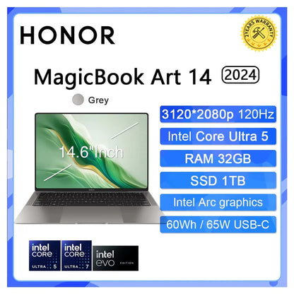 Honor MagicBook Art 14 2024 ultrabook with 14.6-inch 3.1K OLED touchscreen, Intel Ultra 5-7 CPU, 16GB RAM, 1TB storage, green color.