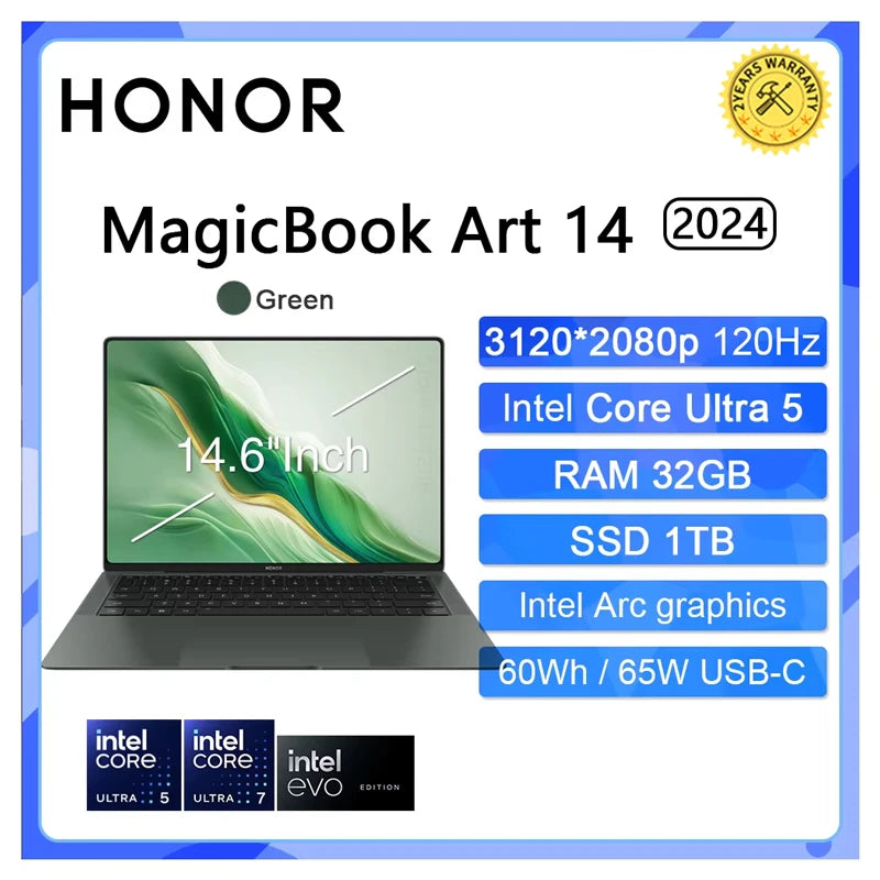 Honor MagicBook Art 14 laptop with 14.6-inch 3.1K OLED touchscreen, Intel Ultra 5, 16GB RAM, 1TB storage, lightweight ultrabook