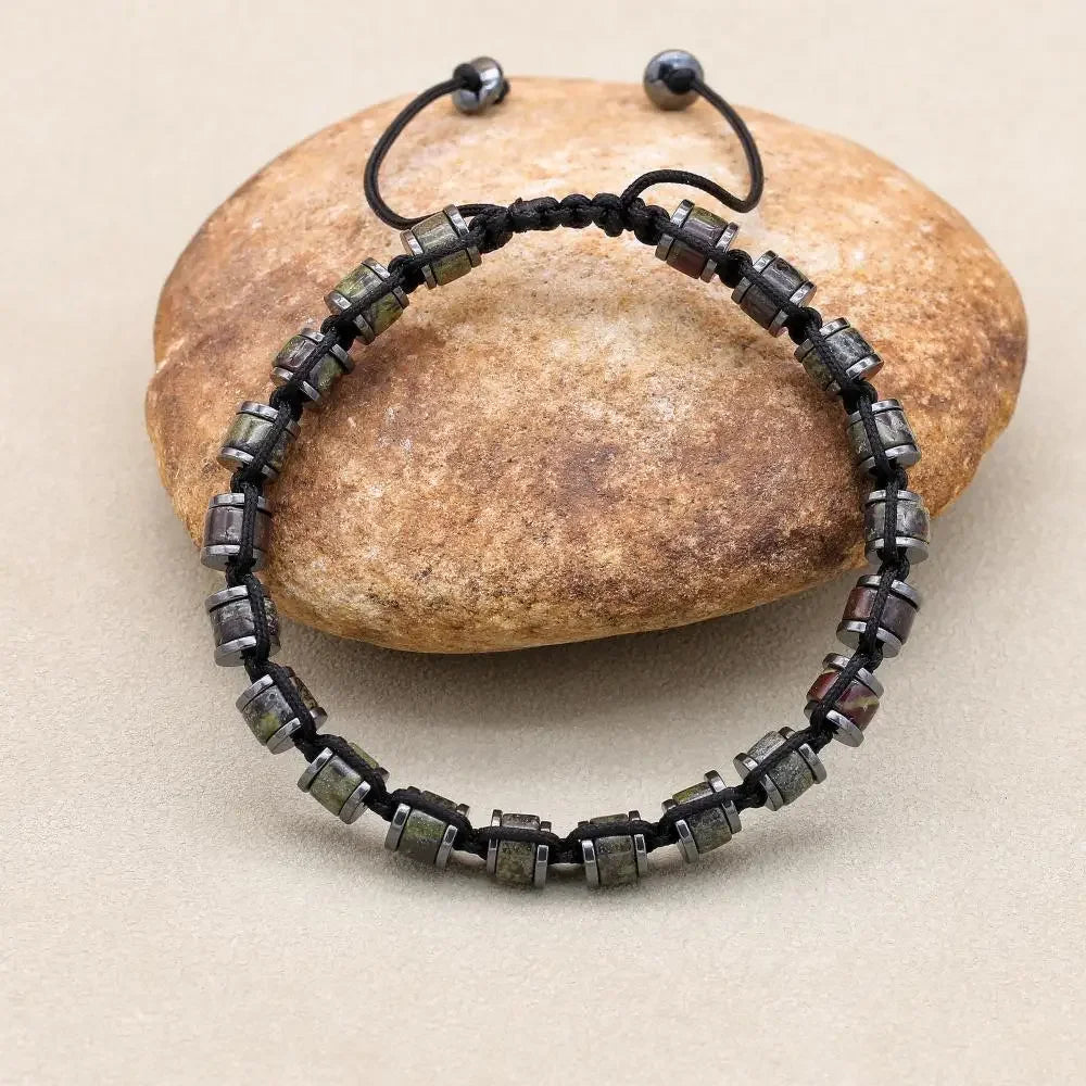 Natural stone hematite and dragon blood beads men's bracelet with braided design, handmade jewelry for women and couples.