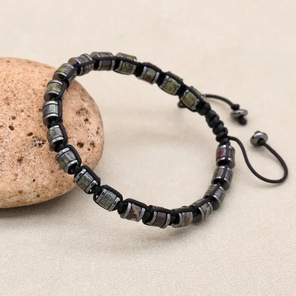 Natural stone men's bracelet with hematite and dragon blood beads, braided design, handmade jewelry for women and couples.