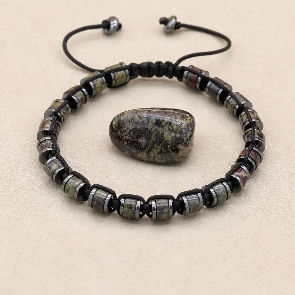 Men's and women's braided bracelet with natural hematite, dragon blood beads, and unakite stones, handcrafted health jewelry.