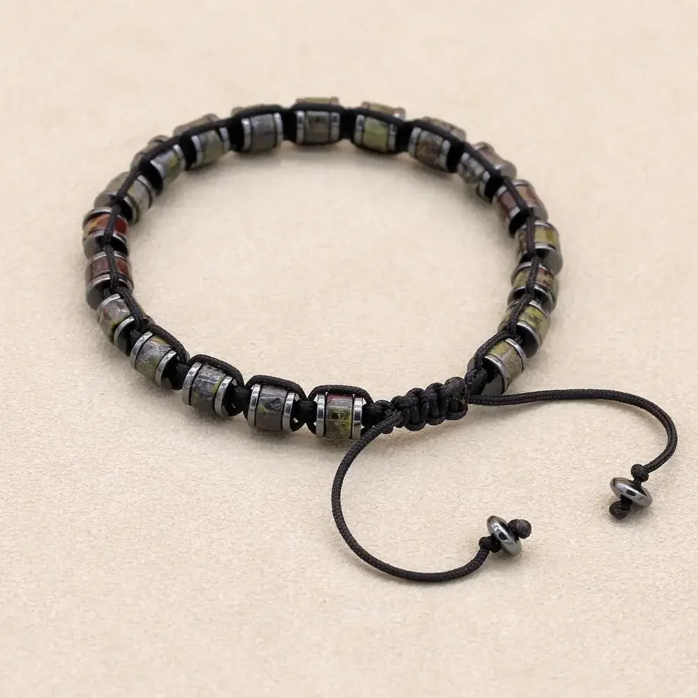 Men's and women's braided bracelet with natural hematite, dragon blood beads, and unakite stones, handcrafted health jewelry.